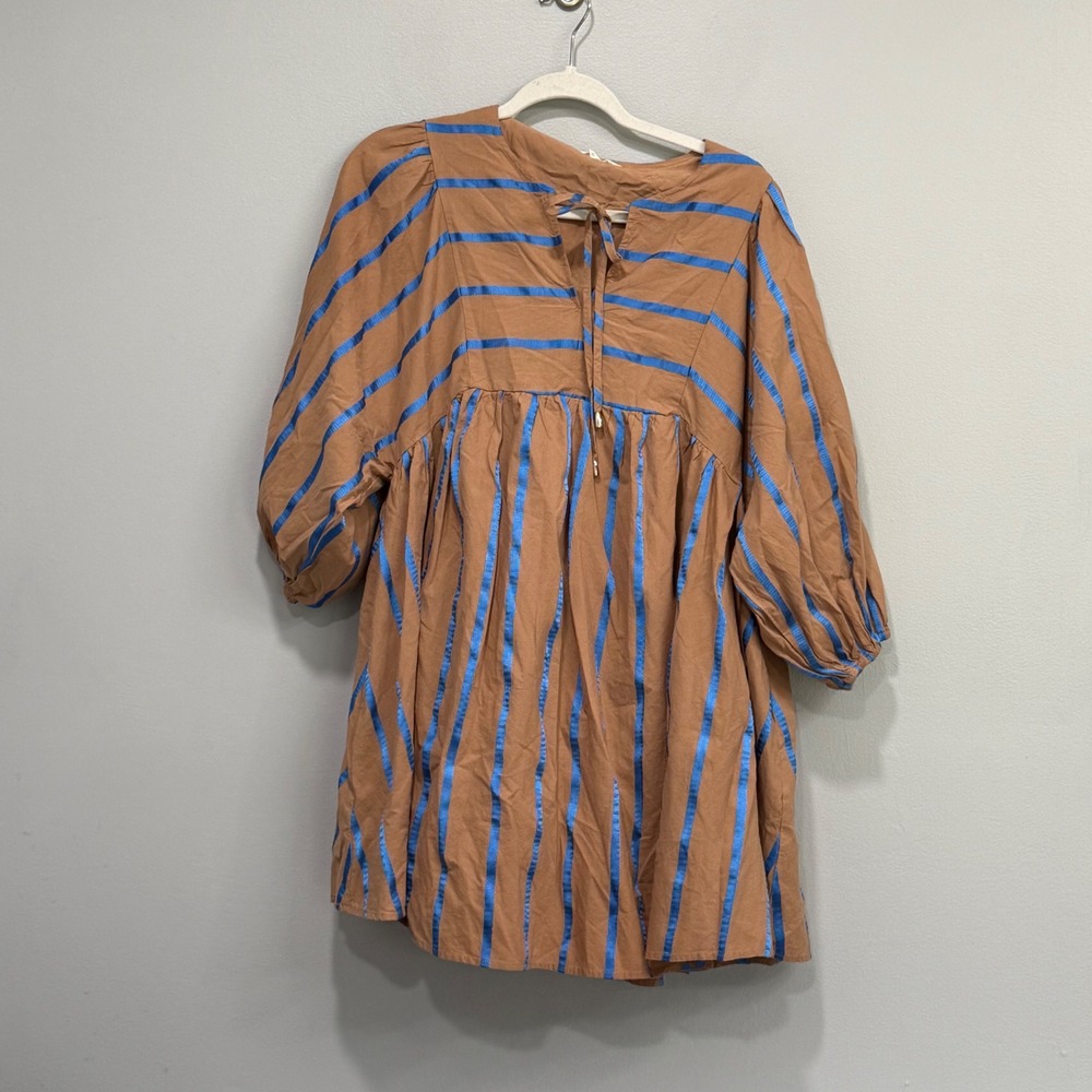 Entro Women Brown Blue Striped Babydoll Puff Sleeve Tunic Top D23976 Size M